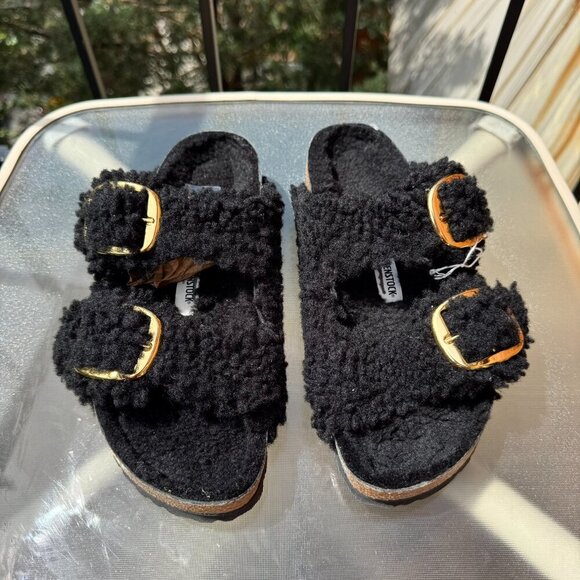 New Birkenstock Arizona Big Buckle Teddy Sandals Slip On in Black Gold US 9 / 40 - Picture 5 of 15